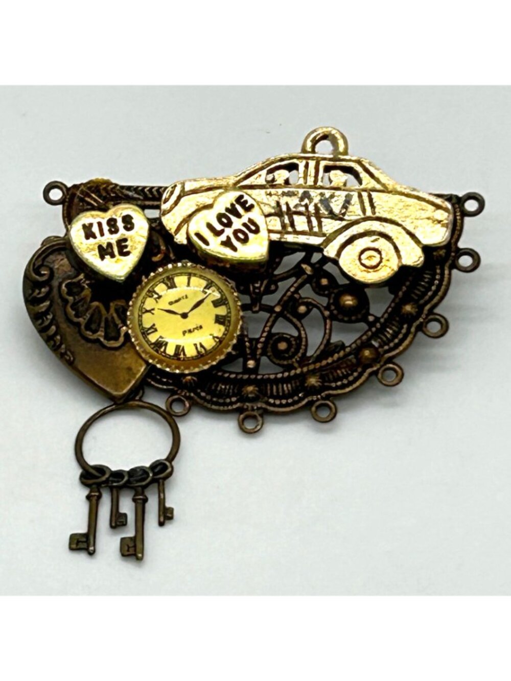Vintage Steampunk Heart Brooch Clock Keys Car Charm Bronze Gold Tone Art Pin - Picture 2 of 10